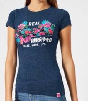 SuperDry 1954 Heritage Women's Sz L Hawaiian Print Navy Blue Graphic Tee